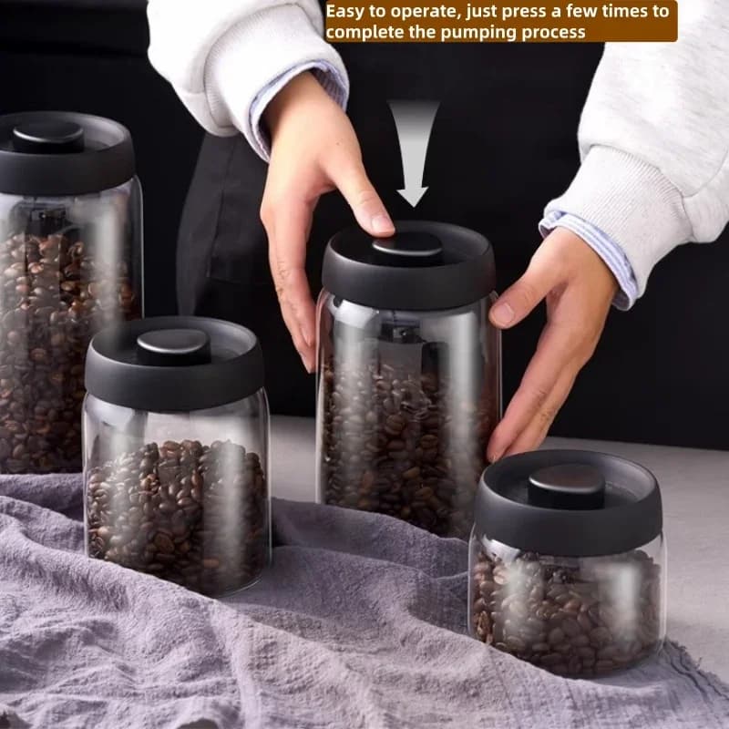 Mehrkapazitäts-Kaffeekanne mit schwarzem Deckel, manuelles Vakuum-Frischhaltegefäß, feuchtigkeitsdichter Glas-Teebereiter, Aufbewahrungsdose für Kaffeebohnen