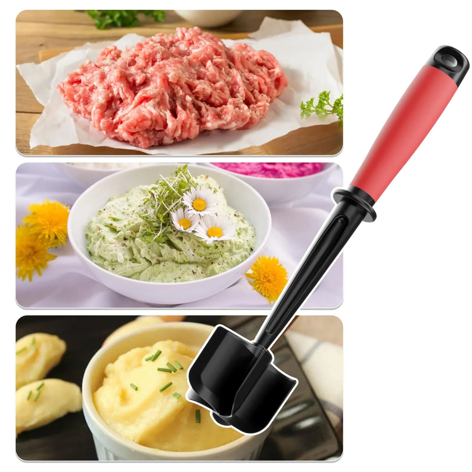 Fleischzerkleinerer &amp; Stampfer | 5-Klingen, robust für Burger/Kartoffelpuffer | Antihaft, spülmaschinenfest mit hitzebeständigem Griff