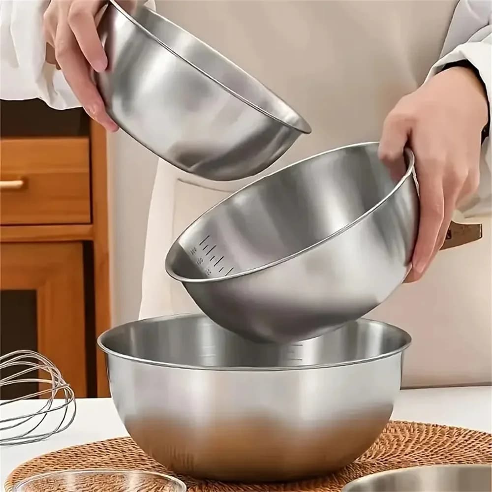 1-3 Edelstahl-Schüsselset mit Skala zum Kochen, Backen und zur Lebensmittelaufbewahrung, große Fassungsvermögen-Mischschüsseln für die Küche