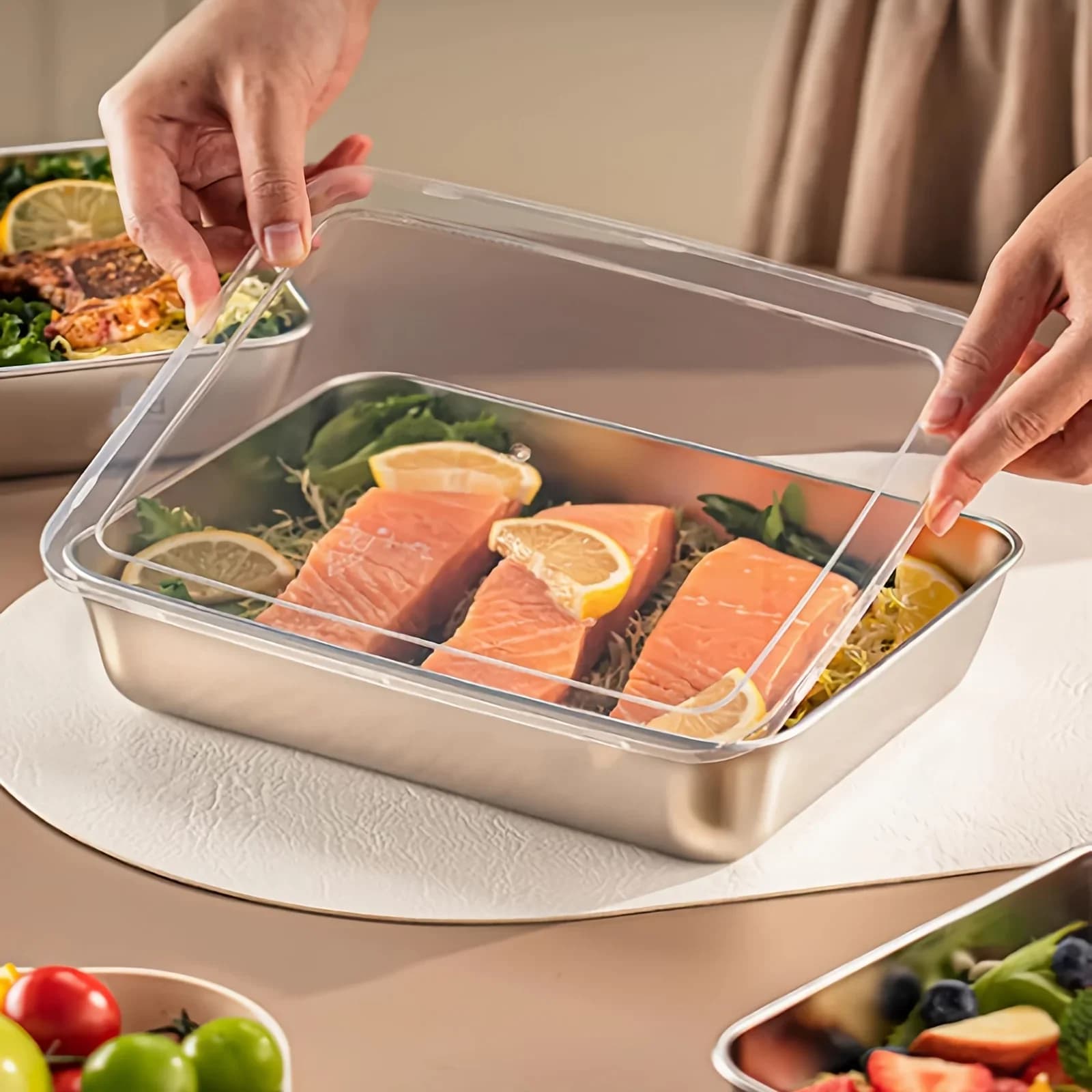 3 Stk. Edelstahl-Lebensmittelbehälter & Lunchbox, auslaufsicher, stapelbar, transparente Deckel, Küchenzubehör und -artikel fürs Camping