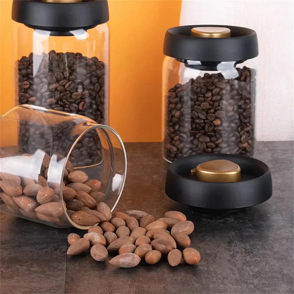 Vakuumversiegelte Kaffeebohnen-Behälter aus transparentem Glas, luftdichte Vorratsdosen für den Haushalt, feuchtigkeitsgeschützt