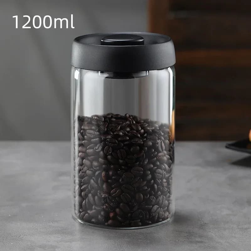 Mehrkapazitäts-Kaffeekanne mit schwarzem Deckel, manuelles Vakuum-Frischhaltegefäß, feuchtigkeitsdichter Glas-Teebereiter, Aufbewahrungsdose für Kaffeebohnen