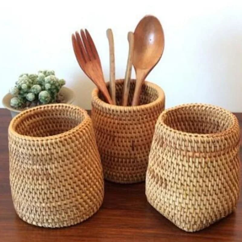 Rattan-Organizer für den Haushalt, Aufbewahrungsbox für Essstäbchen, Schaufeln, Löffel, Tischmesser und Gabeln