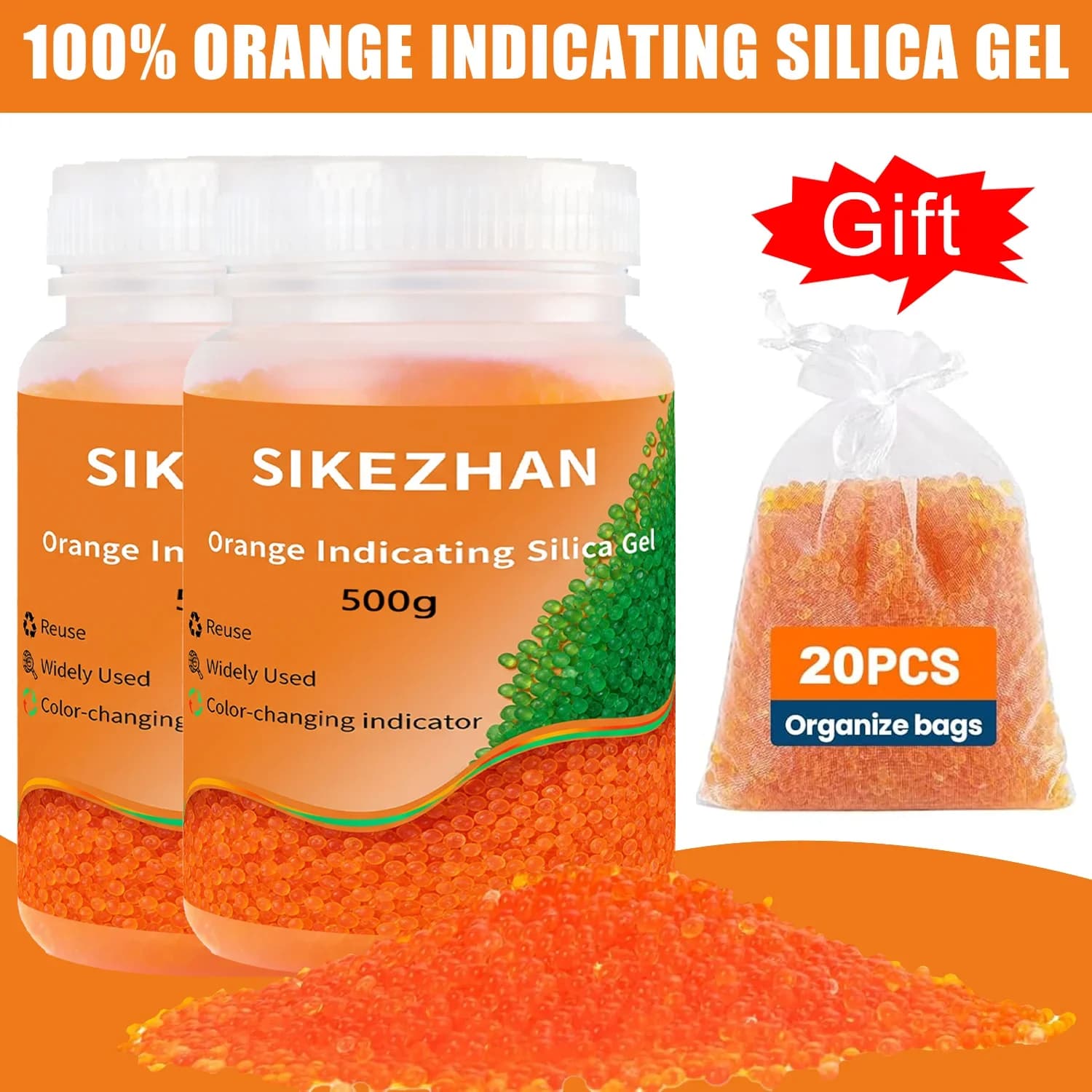 Indikator-Silikagel-Trockenmittel 1000g Blau/Orange, wiederverwendbare Feuchtigkeitsabsorber-Perlen mit 20 kleinen Beuteln für Aufbewahrungsbehälter