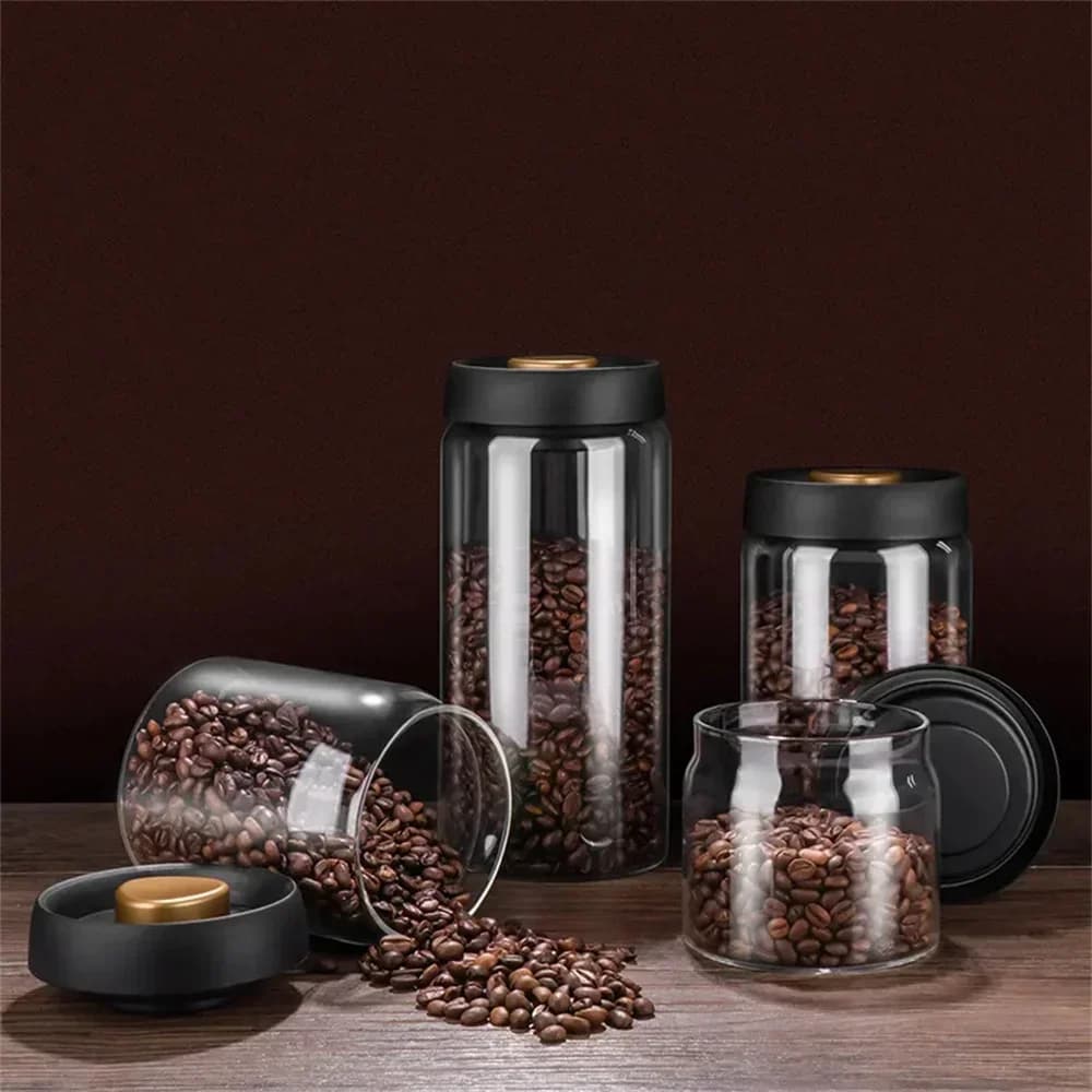 Vakuumversiegelte Kaffeebohnen-Behälter aus transparentem Glas, luftdichte Vorratsdosen für den Haushalt, feuchtigkeitsgeschützt