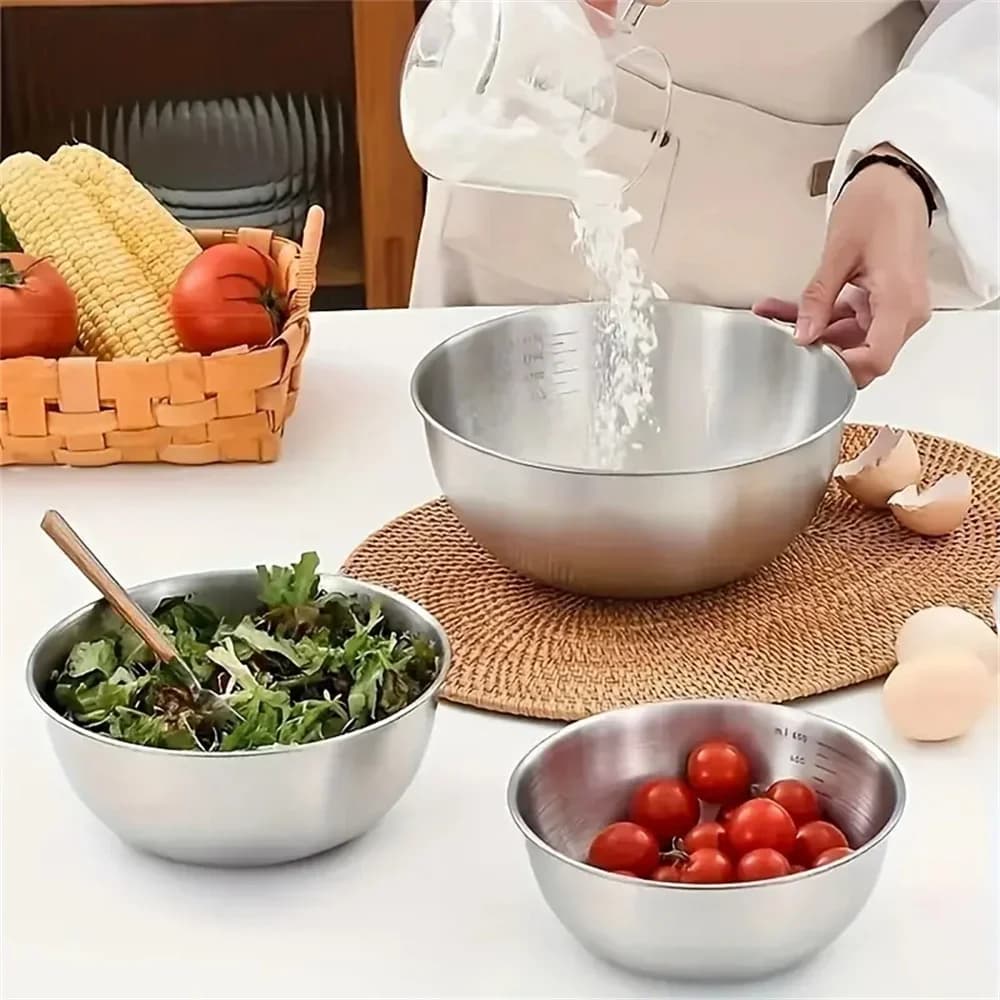 1-3 Edelstahl-Schüsselset mit Skala zum Kochen, Backen und zur Lebensmittelaufbewahrung, große Fassungsvermögen-Mischschüsseln für die Küche