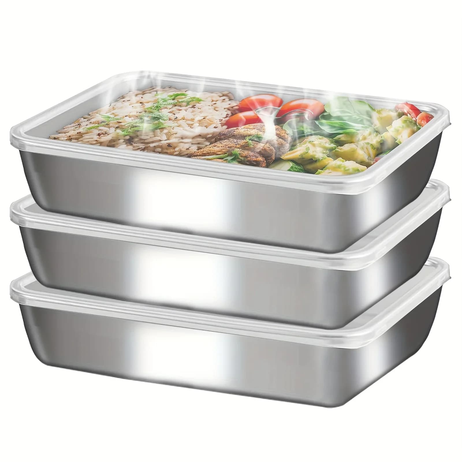 3 Stk. Edelstahl-Lebensmittelbehälter & Lunchbox, auslaufsicher, stapelbar, transparente Deckel, Küchenzubehör und -artikel fürs Camping