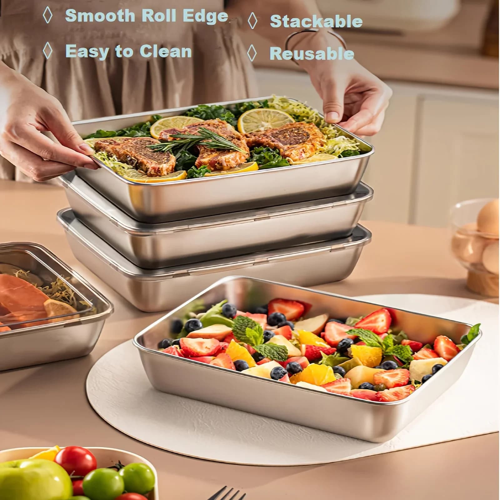 3 Stk. Edelstahl-Lebensmittelbehälter & Lunchbox, auslaufsicher, stapelbar, transparente Deckel, Küchenzubehör und -artikel fürs Camping