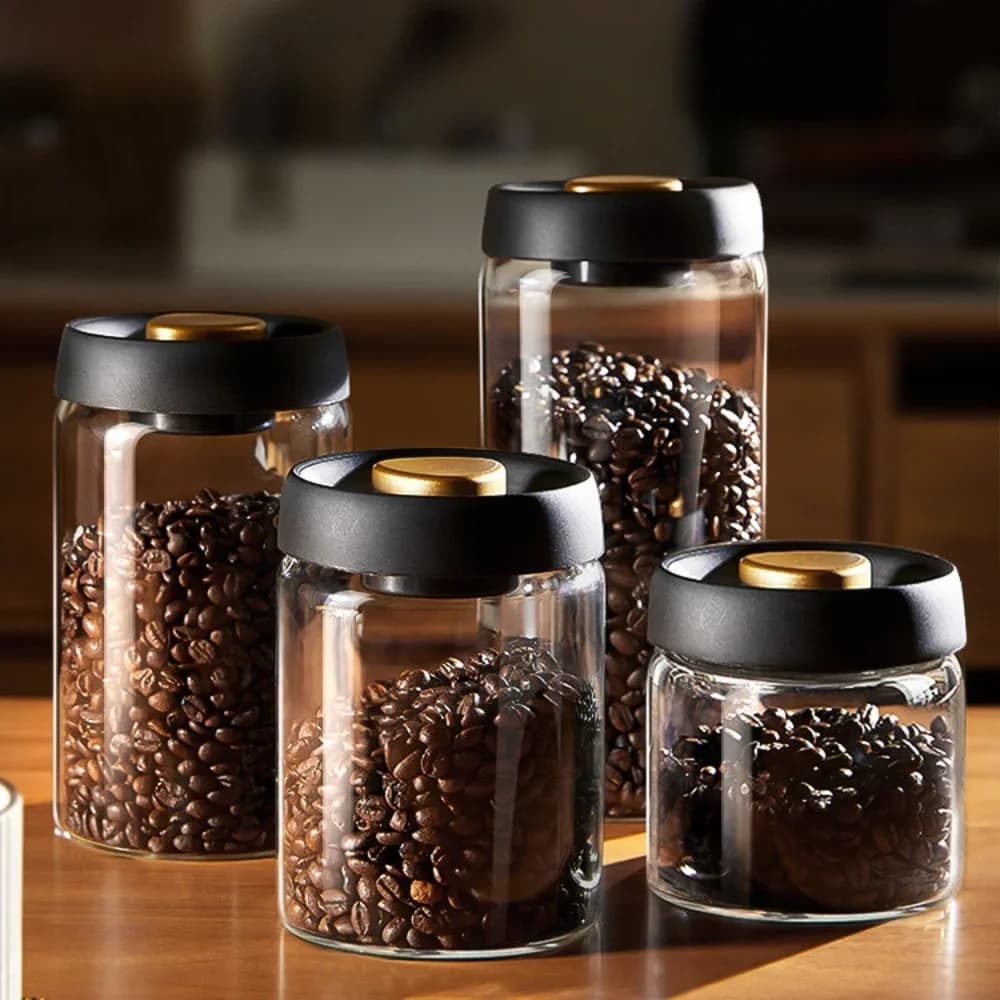Vakuumversiegelte Kaffeebohnen-Behälter aus transparentem Glas, luftdichte Vorratsdosen für den Haushalt, feuchtigkeitsgeschützt