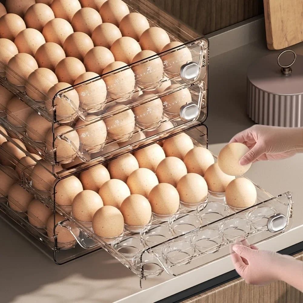 Transparente Eieraufbewahrungsbox, doppellagiger, klarer Eierhalter aus Kunststoff, Zeit-Skala, großer Eier-Aufbewahrungsregal-Schubladenorganizer