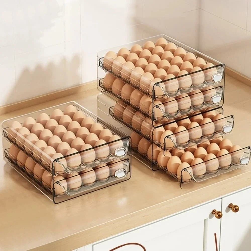 Transparente Eieraufbewahrungsbox, doppellagiger, klarer Eierhalter aus Kunststoff, Zeit-Skala, großer Eier-Aufbewahrungsregal-Schubladenorganizer