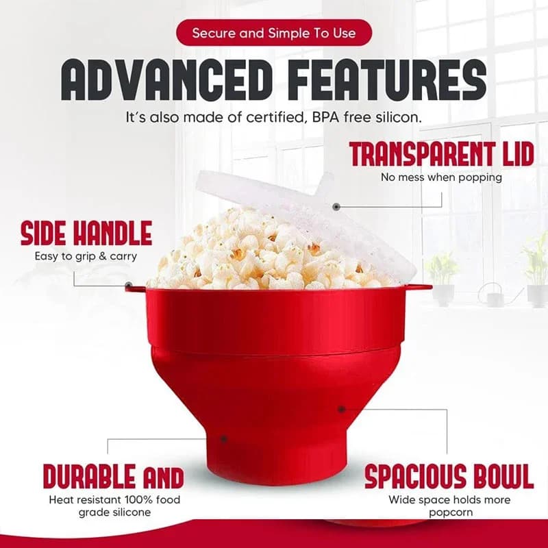 Mikrowellen-Popcorn-Maker aus Silikon, BPA-frei, zusammenklappbare Popcornschüssel, mikrowellengeeignet, mit Deckel, spülmaschinenfest