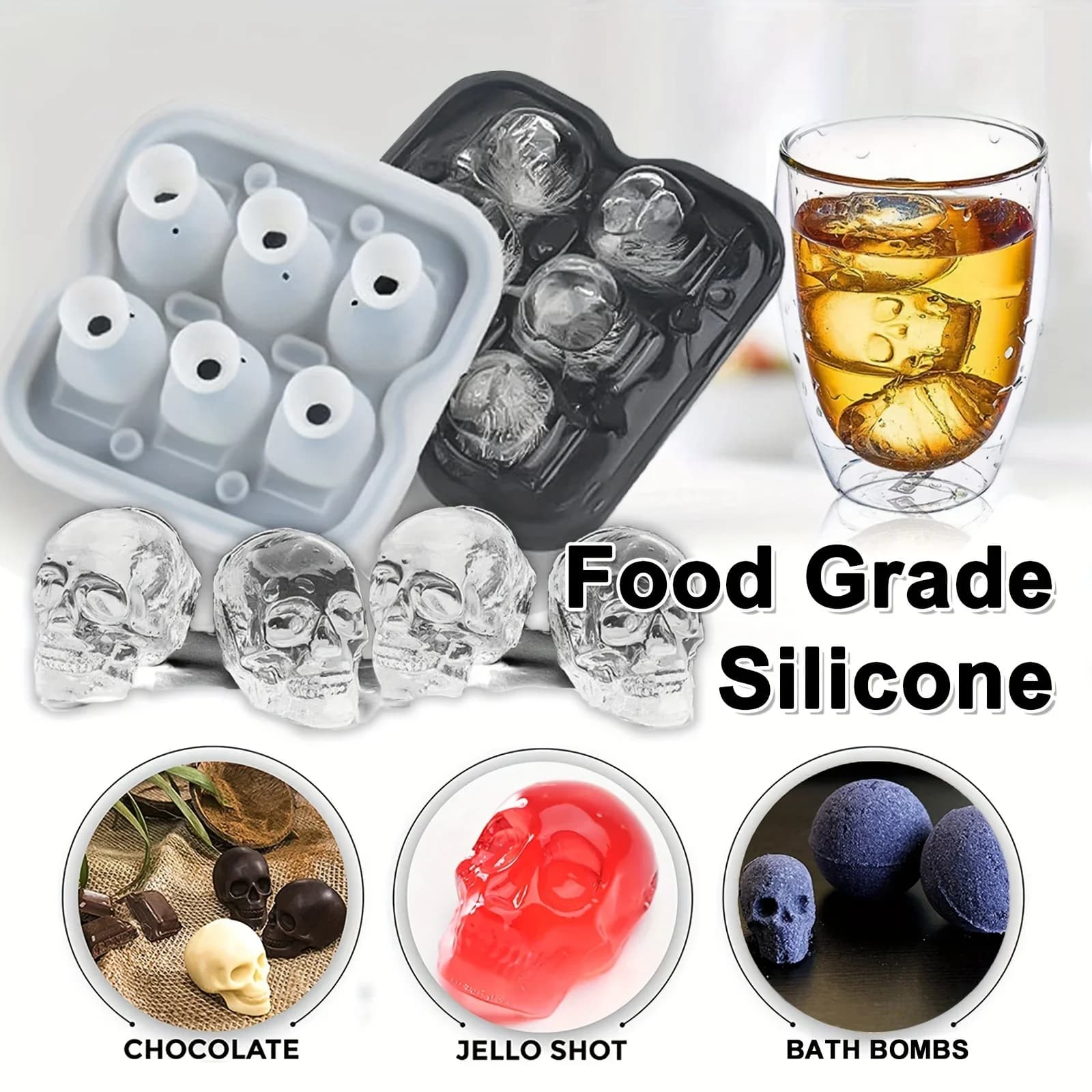 Totenkopf-Eisballform Silikon 3D flexible Eiswürfelschalen BPA-freie Eisformen für den Gefrierschrank Horror-Totenkopf-Kopf Cocktail-Eisballformer