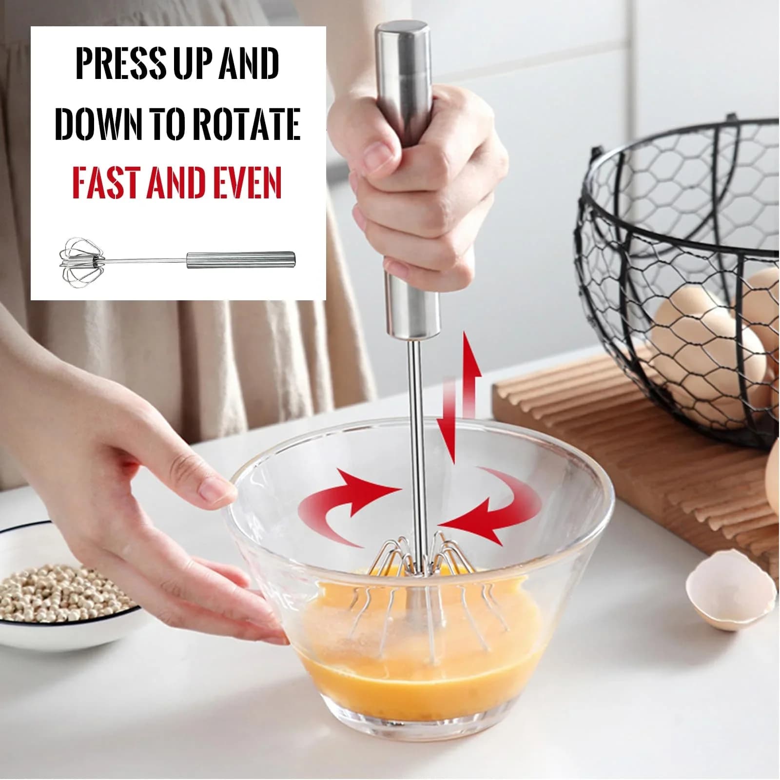 Edelstahl-Eierschläger, robuster halbautomatischer Mixer für müheloses Rühren und Schlagen von Eiern und Sahne in Küche und Backen