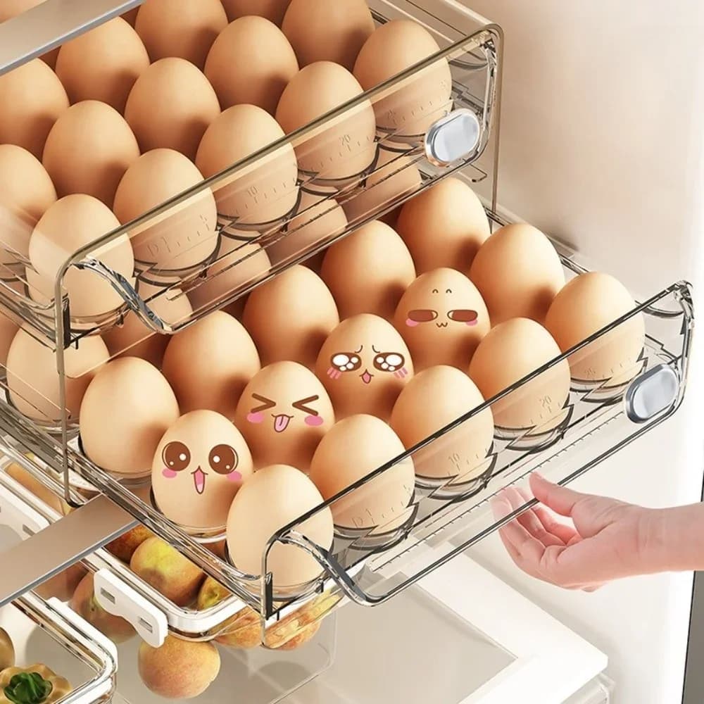 Transparente Eieraufbewahrungsbox, doppellagiger, klarer Eierhalter aus Kunststoff, Zeit-Skala, großer Eier-Aufbewahrungsregal-Schubladenorganizer
