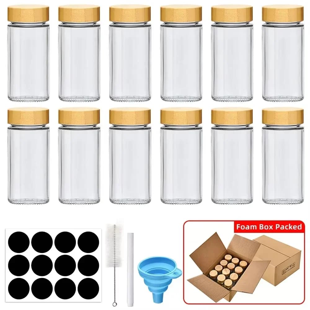 6/12/24er-Set Gewürzgläser aus Glas mit Bambusdeckeln oder Metalldeckeln, inklusive minimalistischer Gewürzetiketten-Aufkleber und faltbarem Trichter