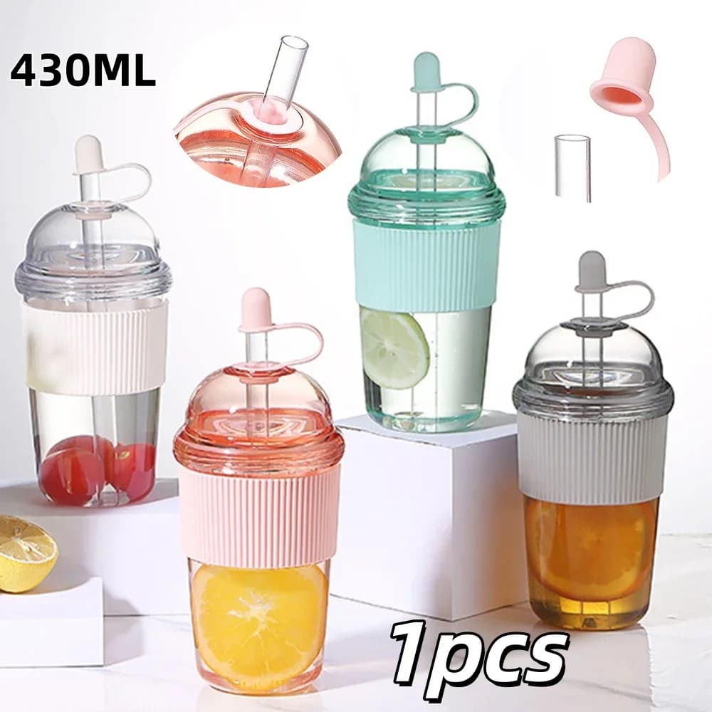 1 Stück 430ml tragbarer Flip-Strohhalm-Becher aus Kunststoff, Ins-Stil, großvolumige Wasserflaschen für Tee, Kaffee, Milch, hitzebeständige Becher für Saft und Gelee