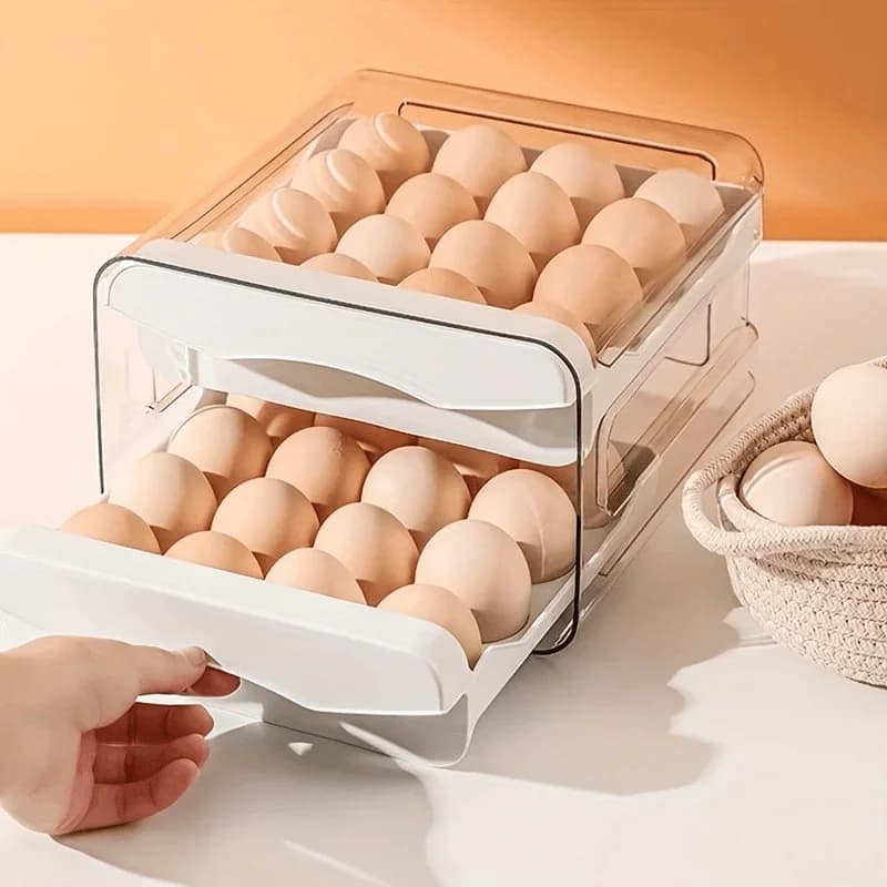 1er Küchen-Eieraufbewahrungsbox Kühlschrank Frischkühler aus Kunststoff, 2-stöckig, Schubladen-Design, großes Fassungsvermögen, Aufbewahrungsregal für die Küche