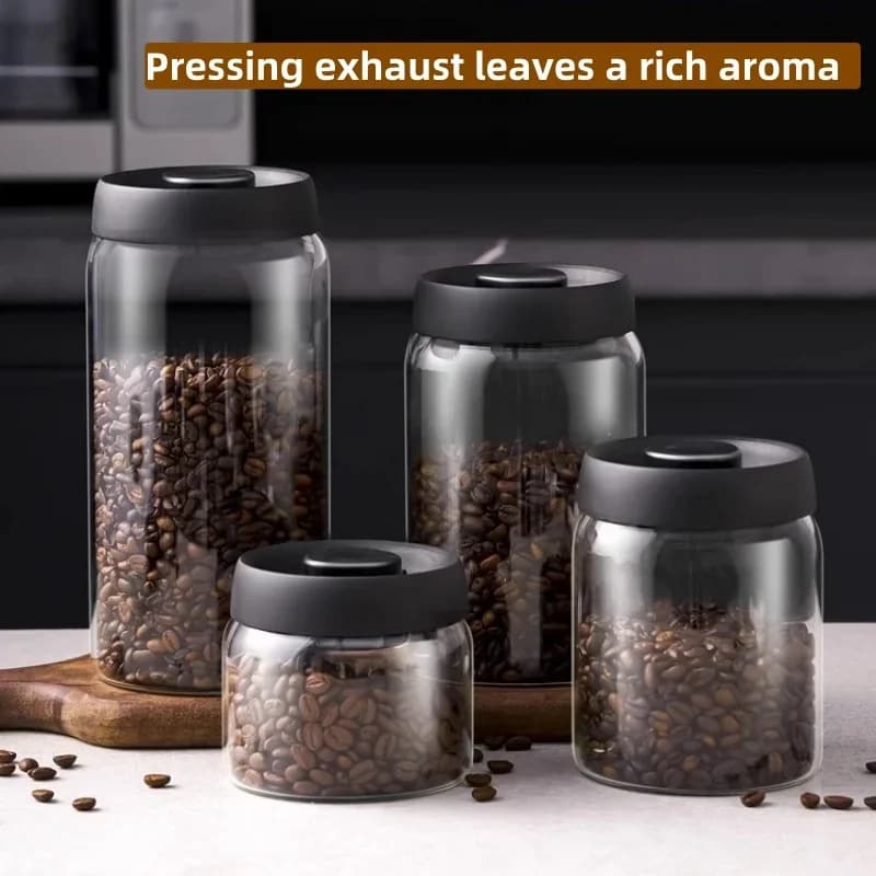 Mehrkapazitäts-Kaffeekanne mit schwarzem Deckel, manuelles Vakuum-Frischhaltegefäß, feuchtigkeitsdichter Glas-Teebereiter, Aufbewahrungsdose für Kaffeebohnen
