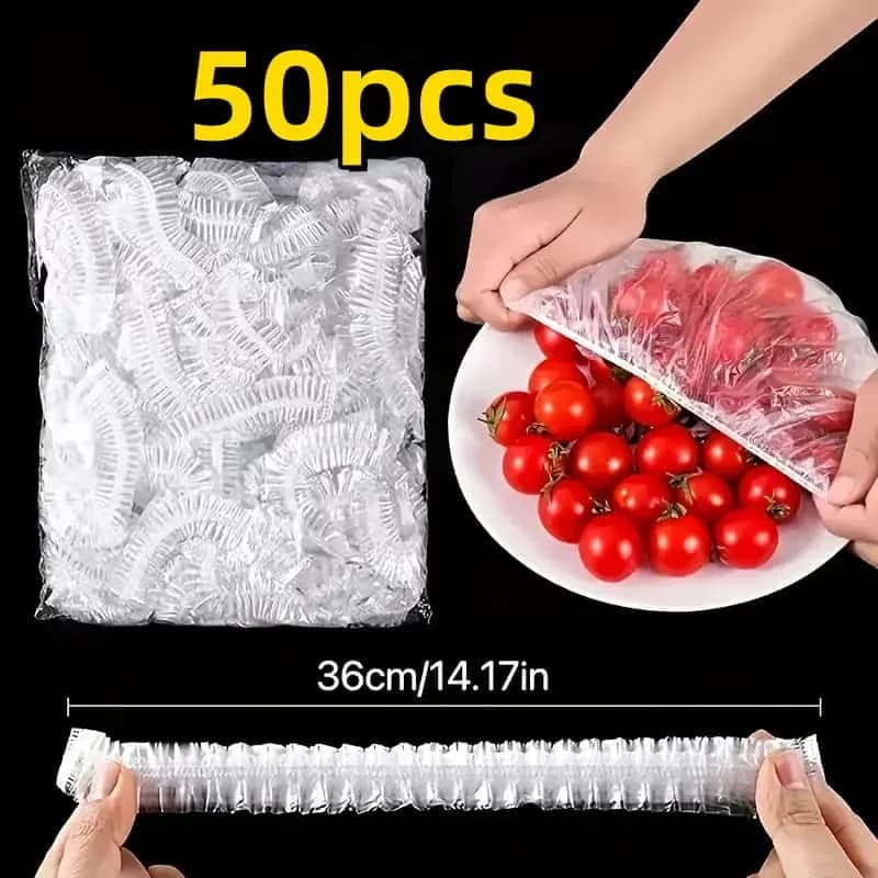 50 wiederverwendbare elastische PE-Lebensmittelabdeckungen - dehnbare Kunststoffdeckel für Brot, Obst, Snacks | langlebig, transparent, dicht