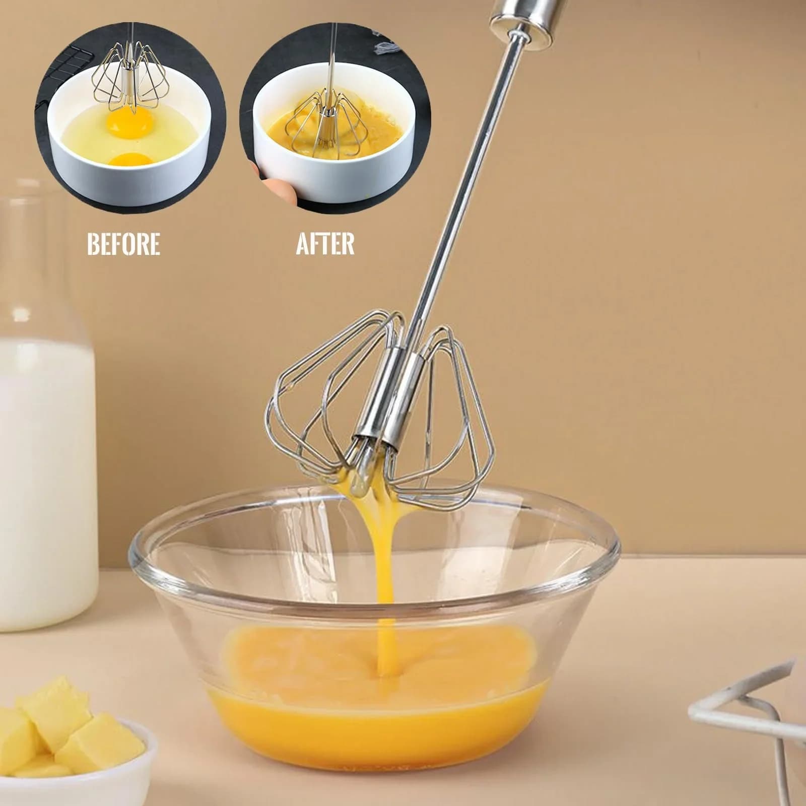 Edelstahl-Eierschläger, robuster halbautomatischer Mixer für müheloses Rühren und Schlagen von Eiern und Sahne in Küche und Backen
